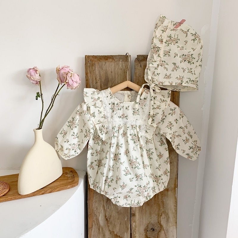 2Pcs Korean Lace Ruffle Cute Baby Romper With Hat Set Infant Vintage Floral Long Sleeve Jumpsuit Toddler Baby Girl Sweet Clothes