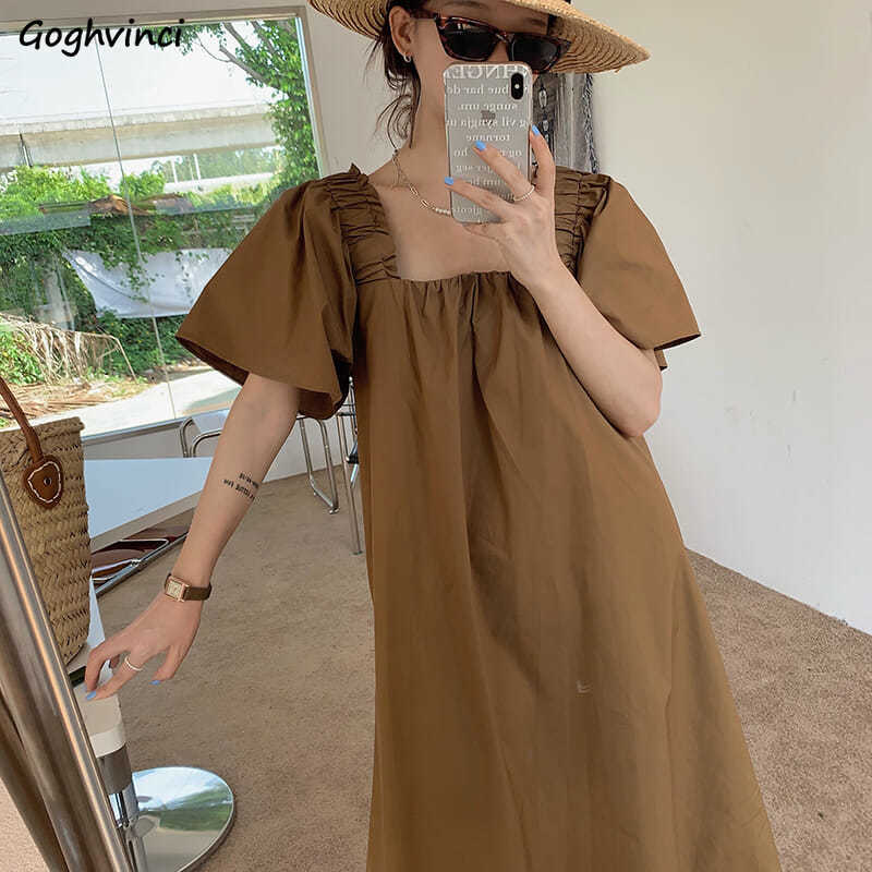 Short Puff Sleeve Dresses Women Korean Style Soft Chic Square Collar A-line Sweet Summer Elegant Daily Folds New Arrival Popular