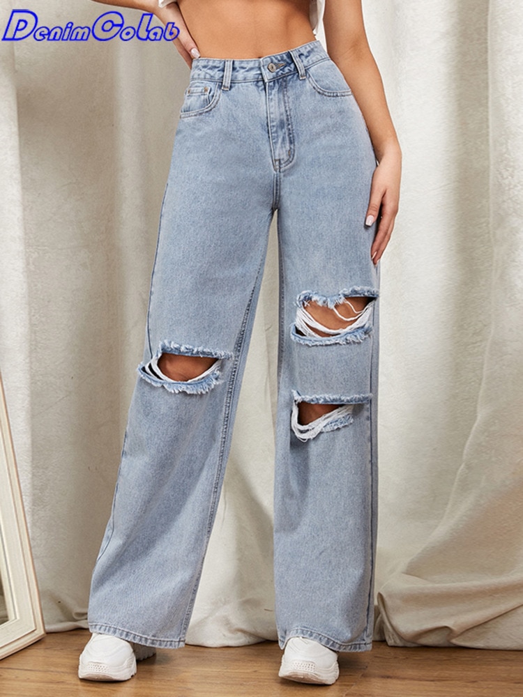 DenimColab 2023 Hole Washed Wide Leg Pants Jeans Women Loose Boyfriend Jeans 100% Cotton Mom Jeans Casual Trousers Denim Pants