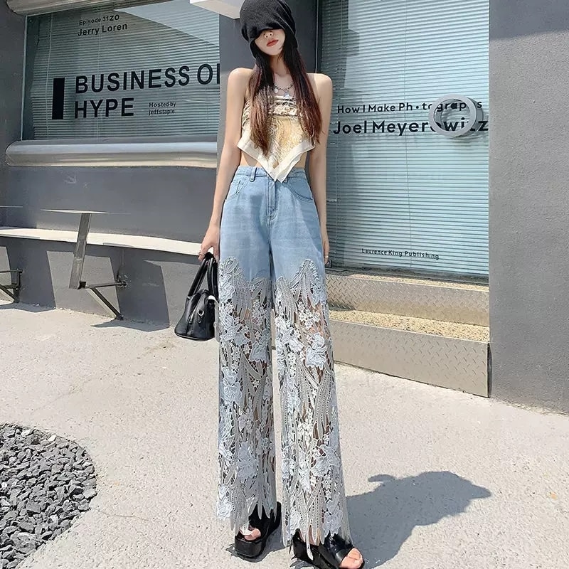 Summer New Loose And Versatile Hollow Out Lace Stitching Denim Pants Women High Waist Wide Leg Pants Female Casual Trousers